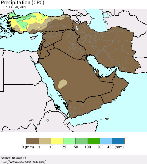 Middle East and Turkey Precipitation (CPC) Thematic Map For 6/14/2021 - 6/20/2021