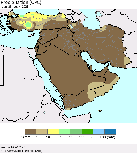 Middle East and Turkey Precipitation (CPC) Thematic Map For 6/28/2021 - 7/4/2021