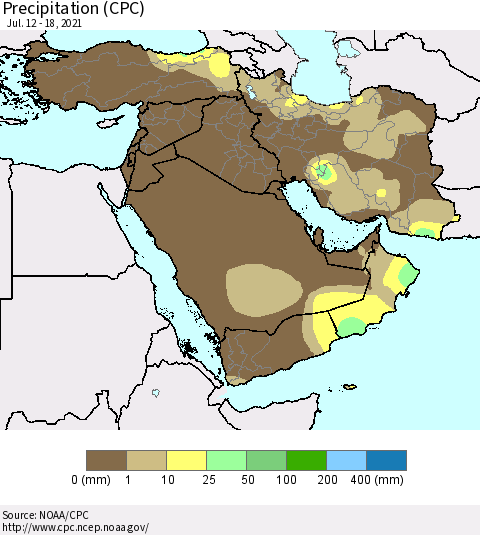 Middle East and Turkey Precipitation (CPC) Thematic Map For 7/12/2021 - 7/18/2021