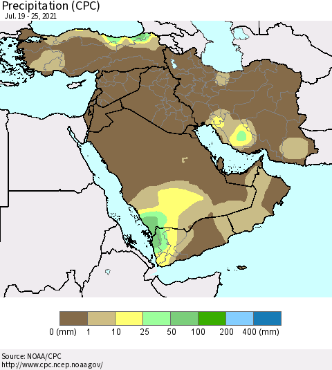 Middle East and Turkey Precipitation (CPC) Thematic Map For 7/19/2021 - 7/25/2021