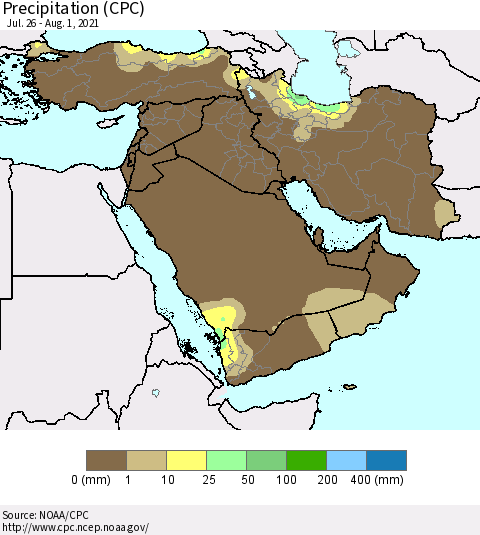 Middle East and Turkey Precipitation (CPC) Thematic Map For 7/26/2021 - 8/1/2021