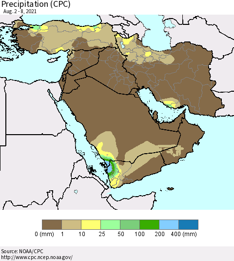 Middle East and Turkey Precipitation (CPC) Thematic Map For 8/2/2021 - 8/8/2021