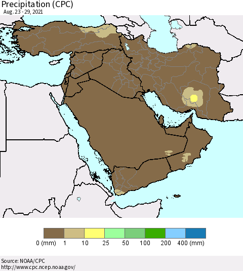 Middle East and Turkey Precipitation (CPC) Thematic Map For 8/23/2021 - 8/29/2021