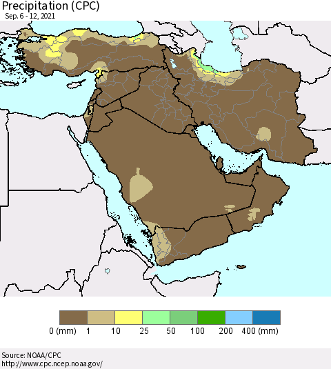Middle East and Turkey Precipitation (CPC) Thematic Map For 9/6/2021 - 9/12/2021
