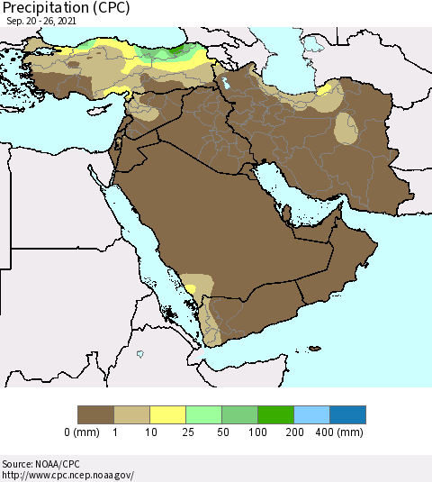 Middle East and Turkey Precipitation (CPC) Thematic Map For 9/20/2021 - 9/26/2021