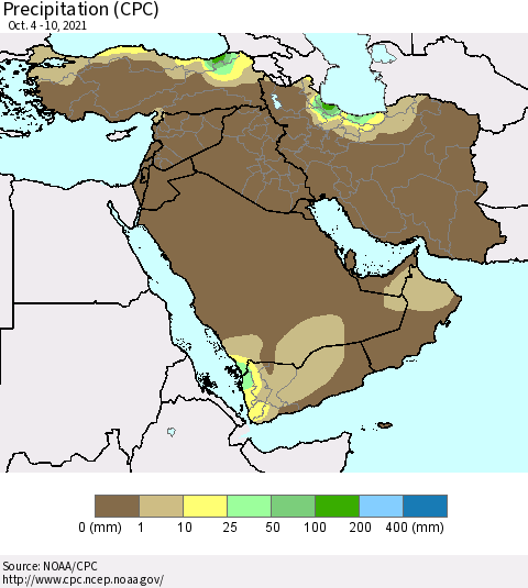 Middle East and Turkey Precipitation (CPC) Thematic Map For 10/4/2021 - 10/10/2021