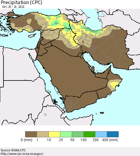 Middle East and Turkey Precipitation (CPC) Thematic Map For 10/25/2021 - 10/31/2021