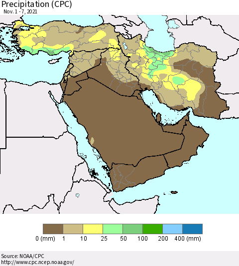 Middle East and Turkey Precipitation (CPC) Thematic Map For 11/1/2021 - 11/7/2021