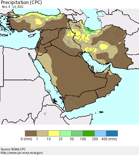Middle East and Turkey Precipitation (CPC) Thematic Map For 11/8/2021 - 11/14/2021