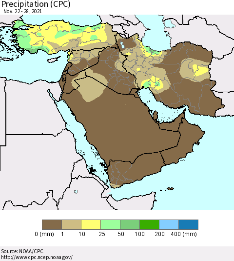 Middle East and Turkey Precipitation (CPC) Thematic Map For 11/22/2021 - 11/28/2021
