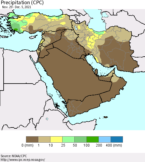 Middle East and Turkey Precipitation (CPC) Thematic Map For 11/29/2021 - 12/5/2021
