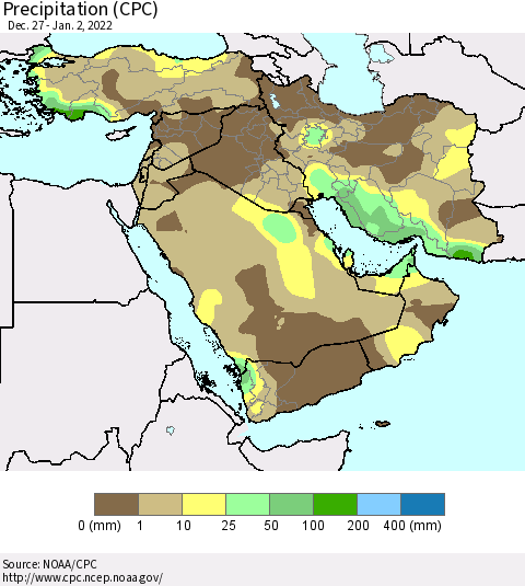 Middle East and Turkey Precipitation (CPC) Thematic Map For 12/27/2021 - 1/2/2022