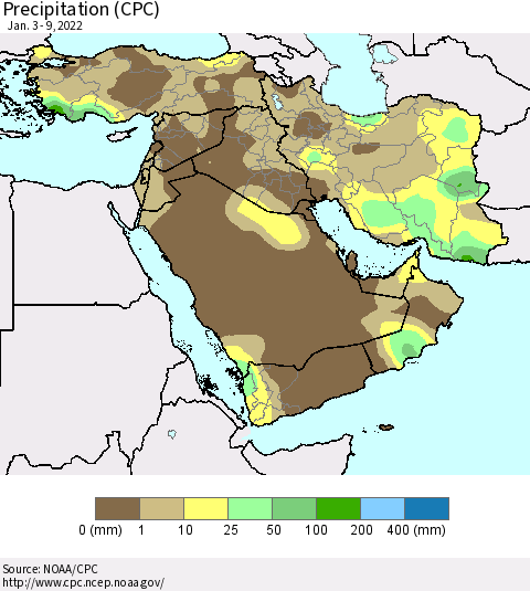 Middle East and Turkey Precipitation (CPC) Thematic Map For 1/3/2022 - 1/9/2022