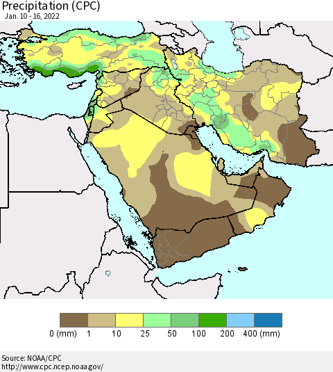Middle East and Turkey Precipitation (CPC) Thematic Map For 1/10/2022 - 1/16/2022