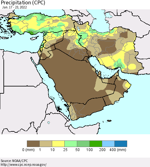 Middle East and Turkey Precipitation (CPC) Thematic Map For 1/17/2022 - 1/23/2022