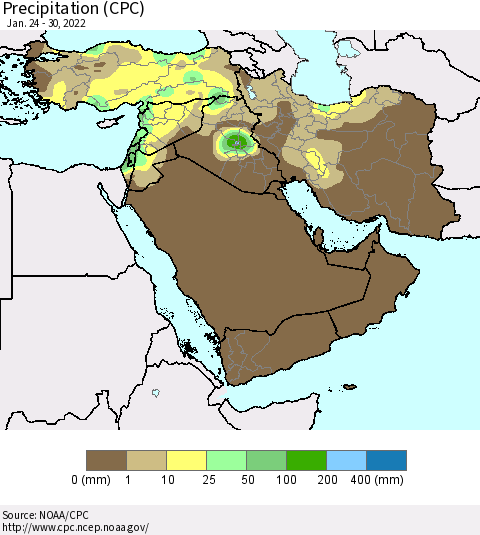 Middle East and Turkey Precipitation (CPC) Thematic Map For 1/24/2022 - 1/30/2022