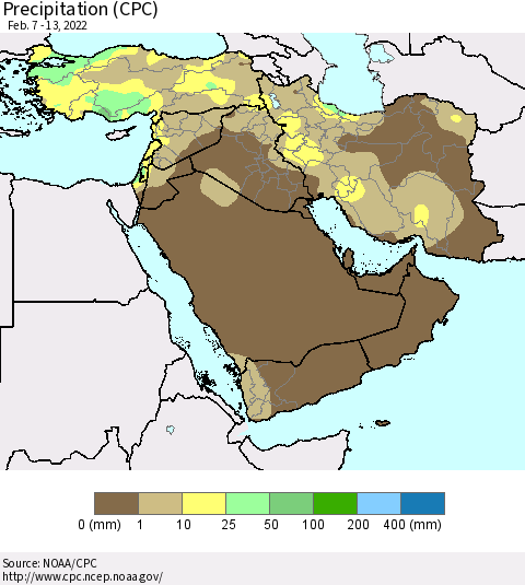 Middle East and Turkey Precipitation (CPC) Thematic Map For 2/7/2022 - 2/13/2022