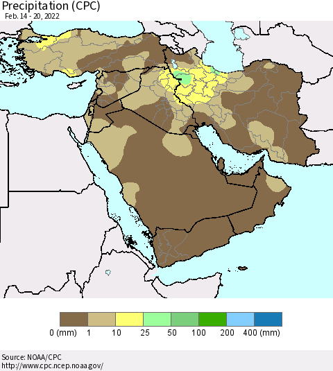Middle East and Turkey Precipitation (CPC) Thematic Map For 2/14/2022 - 2/20/2022