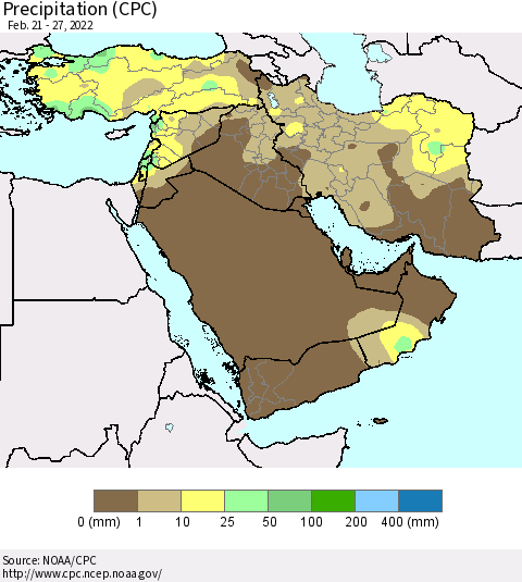 Middle East and Turkey Precipitation (CPC) Thematic Map For 2/21/2022 - 2/27/2022