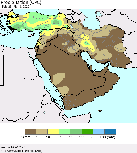 Middle East and Turkey Precipitation (CPC) Thematic Map For 2/28/2022 - 3/6/2022