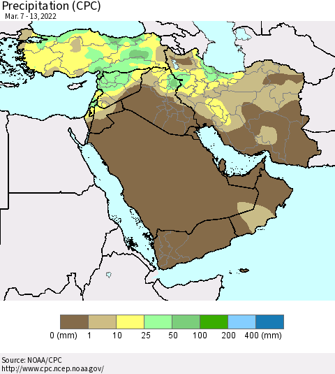 Middle East and Turkey Precipitation (CPC) Thematic Map For 3/7/2022 - 3/13/2022