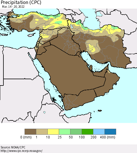 Middle East and Turkey Precipitation (CPC) Thematic Map For 3/14/2022 - 3/20/2022