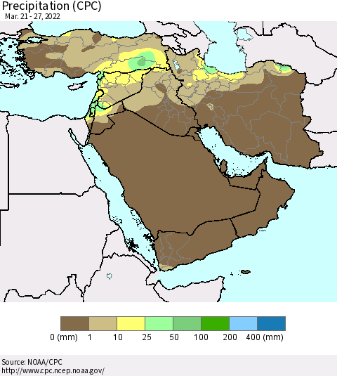 Middle East and Turkey Precipitation (CPC) Thematic Map For 3/21/2022 - 3/27/2022