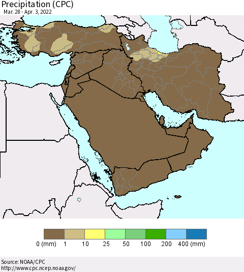 Middle East and Turkey Precipitation (CPC) Thematic Map For 3/28/2022 - 4/3/2022