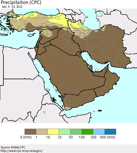 Middle East and Turkey Precipitation (CPC) Thematic Map For 4/4/2022 - 4/10/2022