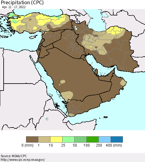 Middle East and Turkey Precipitation (CPC) Thematic Map For 4/11/2022 - 4/17/2022