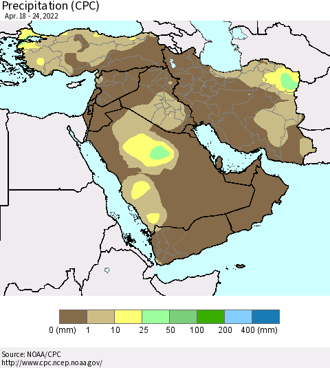 Middle East and Turkey Precipitation (CPC) Thematic Map For 4/18/2022 - 4/24/2022