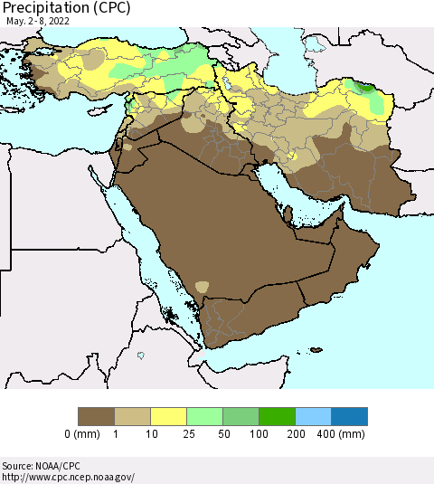 Middle East and Turkey Precipitation (CPC) Thematic Map For 5/2/2022 - 5/8/2022