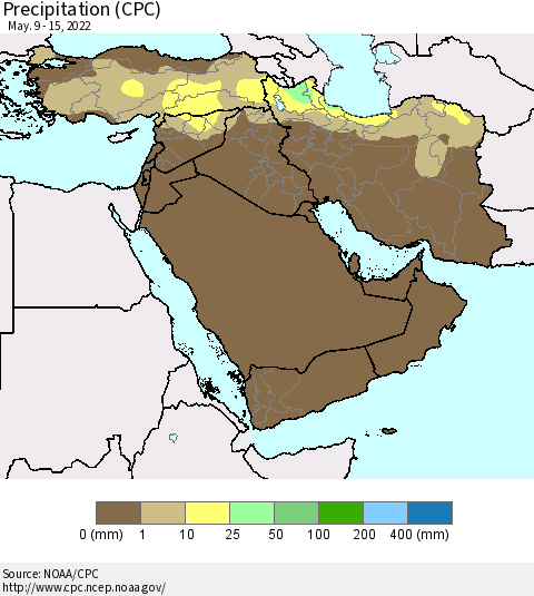 Middle East and Turkey Precipitation (CPC) Thematic Map For 5/9/2022 - 5/15/2022