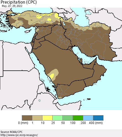 Middle East and Turkey Precipitation (CPC) Thematic Map For 5/23/2022 - 5/29/2022