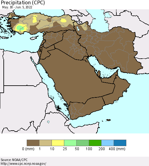 Middle East and Turkey Precipitation (CPC) Thematic Map For 5/30/2022 - 6/5/2022