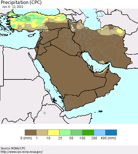 Middle East and Turkey Precipitation (CPC) Thematic Map For 6/6/2022 - 6/12/2022