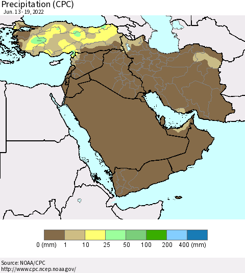 Middle East and Turkey Precipitation (CPC) Thematic Map For 6/13/2022 - 6/19/2022