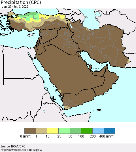 Middle East and Turkey Precipitation (CPC) Thematic Map For 6/27/2022 - 7/3/2022