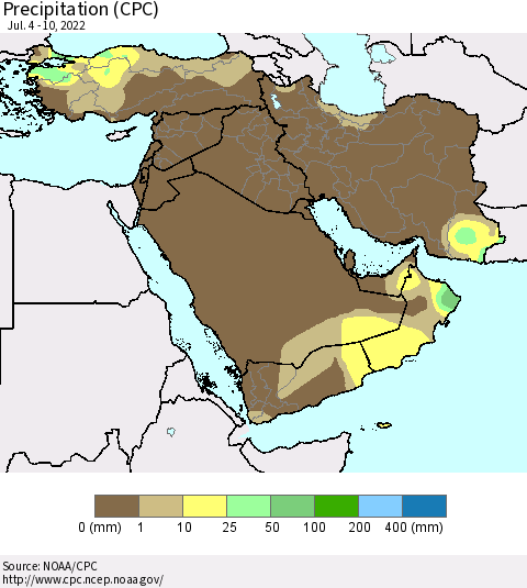 Middle East and Turkey Precipitation (CPC) Thematic Map For 7/4/2022 - 7/10/2022