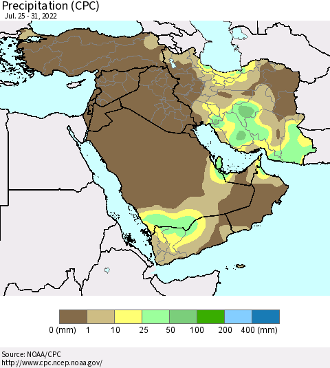 Middle East and Turkey Precipitation (CPC) Thematic Map For 7/25/2022 - 7/31/2022