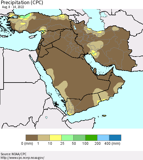 Middle East and Turkey Precipitation (CPC) Thematic Map For 8/8/2022 - 8/14/2022