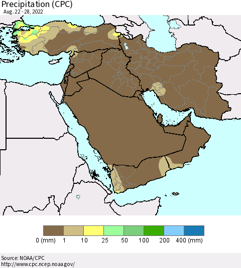 Middle East and Turkey Precipitation (CPC) Thematic Map For 8/22/2022 - 8/28/2022