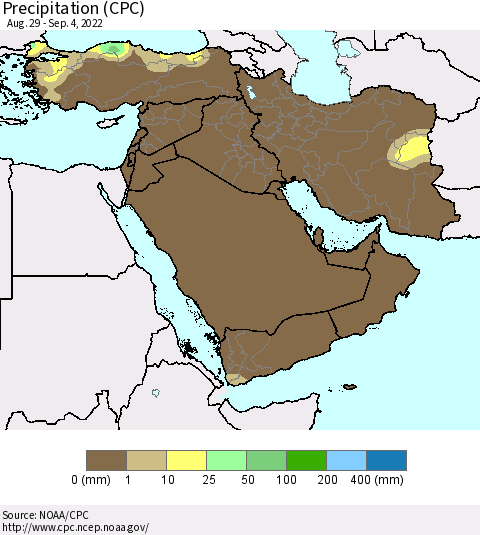 Middle East and Turkey Precipitation (CPC) Thematic Map For 8/29/2022 - 9/4/2022