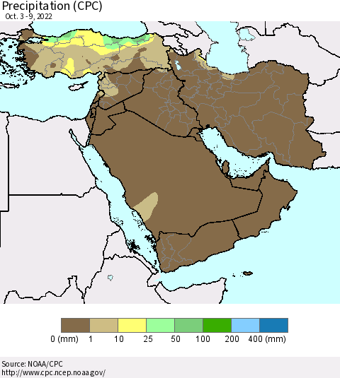 Middle East and Turkey Precipitation (CPC) Thematic Map For 10/3/2022 - 10/9/2022