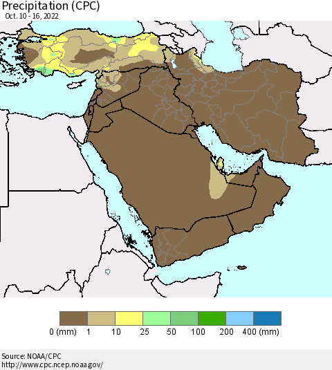 Middle East and Turkey Precipitation (CPC) Thematic Map For 10/10/2022 - 10/16/2022