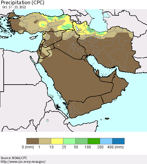 Middle East and Turkey Precipitation (CPC) Thematic Map For 10/17/2022 - 10/23/2022