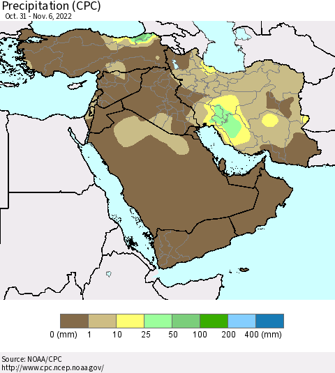 Middle East and Turkey Precipitation (CPC) Thematic Map For 10/31/2022 - 11/6/2022