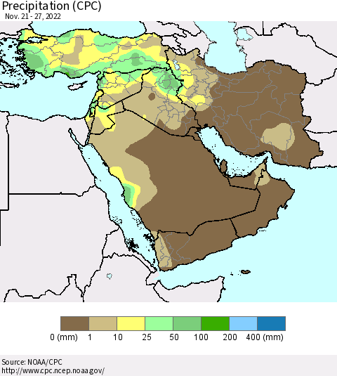 Middle East and Turkey Precipitation (CPC) Thematic Map For 11/21/2022 - 11/27/2022