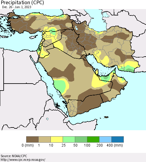 Middle East and Turkey Precipitation (CPC) Thematic Map For 12/26/2022 - 1/1/2023