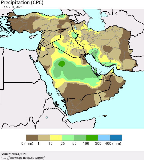 Middle East and Turkey Precipitation (CPC) Thematic Map For 1/2/2023 - 1/8/2023